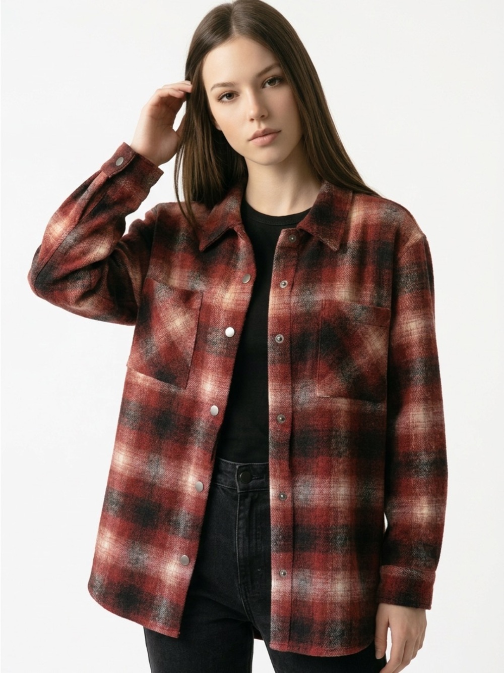 NWOT Mistree Burgundy/Brown XL Snap Roll Up Sleeve Flannel Shirt w Pockets